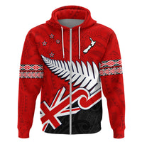 Waitangi Hoodie Aotearoa Tino Rangatiratanga Flag with Silver Fern LT9 Zip Hoodie Red - Polynesian Pride