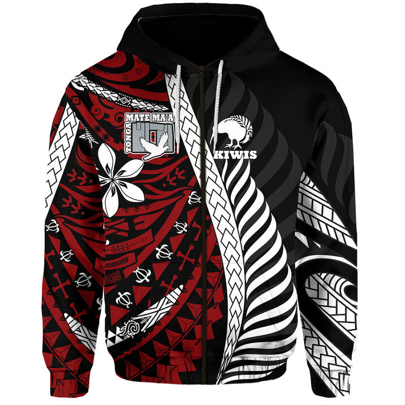 Custom Mate Maa Tonga Mixed Aotearoa Kiwis Rugby Hoodie Silver Fern Mixed Polynesian Style LT9 Zip Hoodie Black - Polynesian Pride