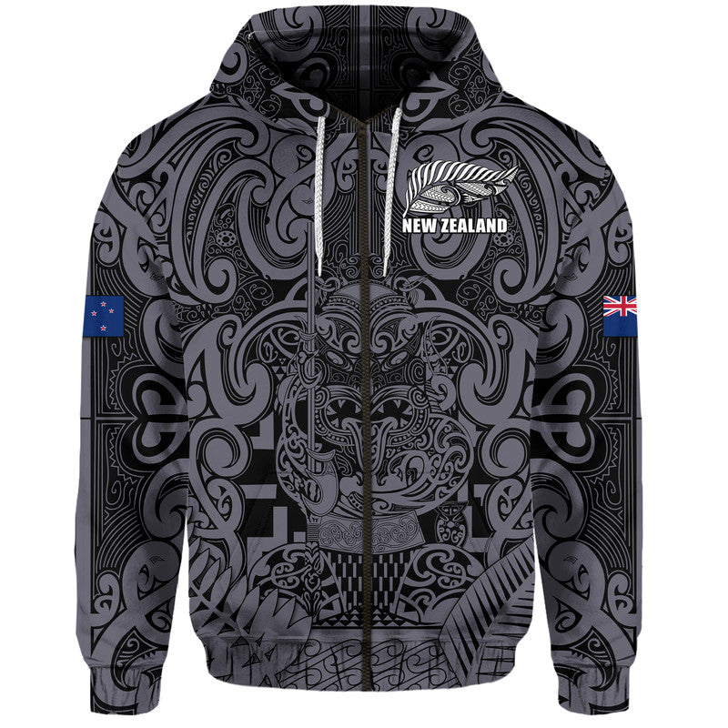 (Custom Text and Number) New Zealand Taiaha Maori Hoodie Minimalist Silver Fern All Black LT9 Zip Hoodie Black - Polynesian Pride