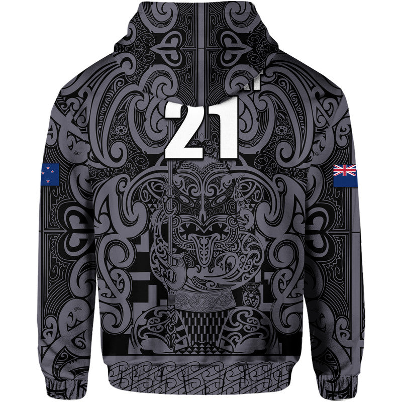 (Custom Text and Number) New Zealand Taiaha Maori Hoodie Minimalist Silver Fern All Black LT9 - Polynesian Pride