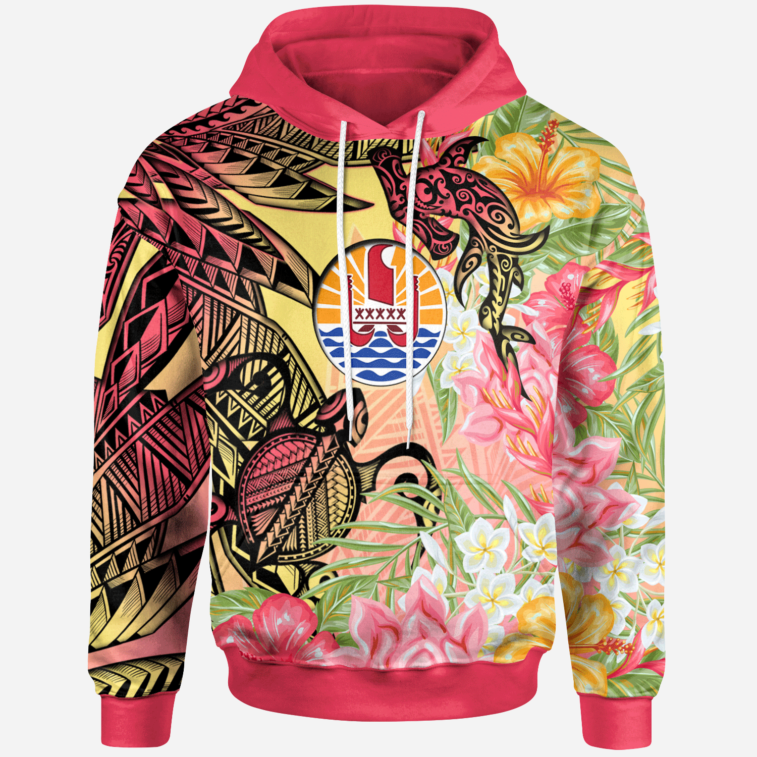 French Polynesia Hoodie Flowers Tropical With Sea Animals Unisex Pink - Polynesian Pride