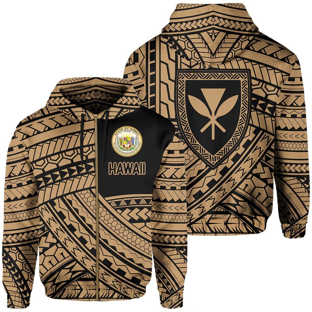 Polynesian Protect Mauna Kea Kanaka Maoli Hawaii Zip Hoodie Gold Quarter Style Unisex Gold - Polynesian Pride
