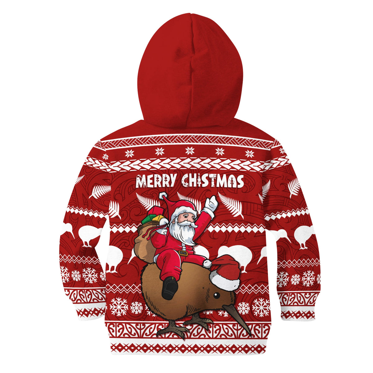 New Zealand Xmas Hoodie KID Mere Kirihimete - Santa With Kiwi Bird LT7 Zip Hoodie Red - Polynesian Pride