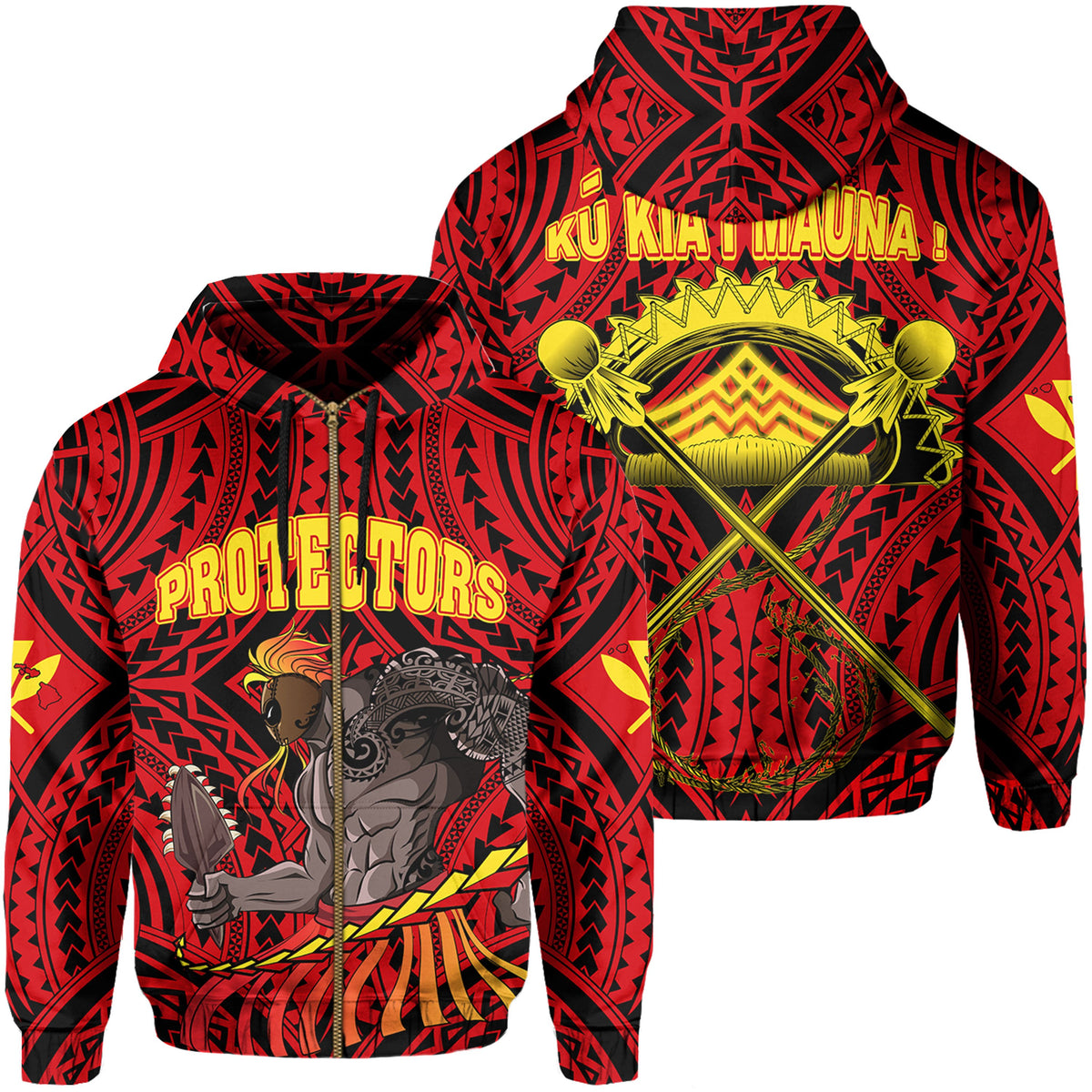 Polynesian Protect Mauna Kea Ikaika Warrior Weapon Hawaii Zip Hoodie Red Unisex Red - Polynesian Pride