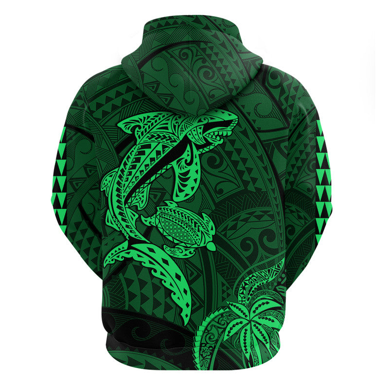 Custom Hawaii Hoodie Shark and Turtle Mix Kakau Green LT9 - Polynesian Pride