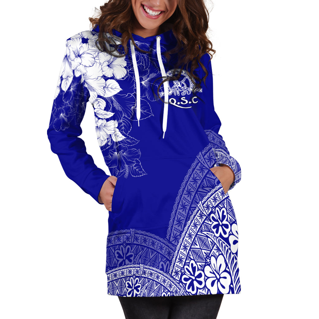 (Custom Personalize) Tonga Kolisi Kuini Salote Hoodie Dress QSC Floral Tapa LT7 Blue - Polynesian Pride