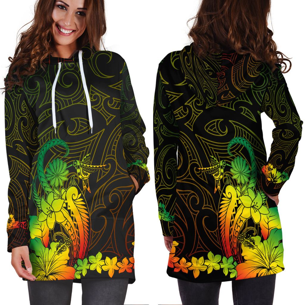 Maori Floral Pattern Hoodie Dress Hummingbird - Reggae Color LT7 - Polynesian Pride