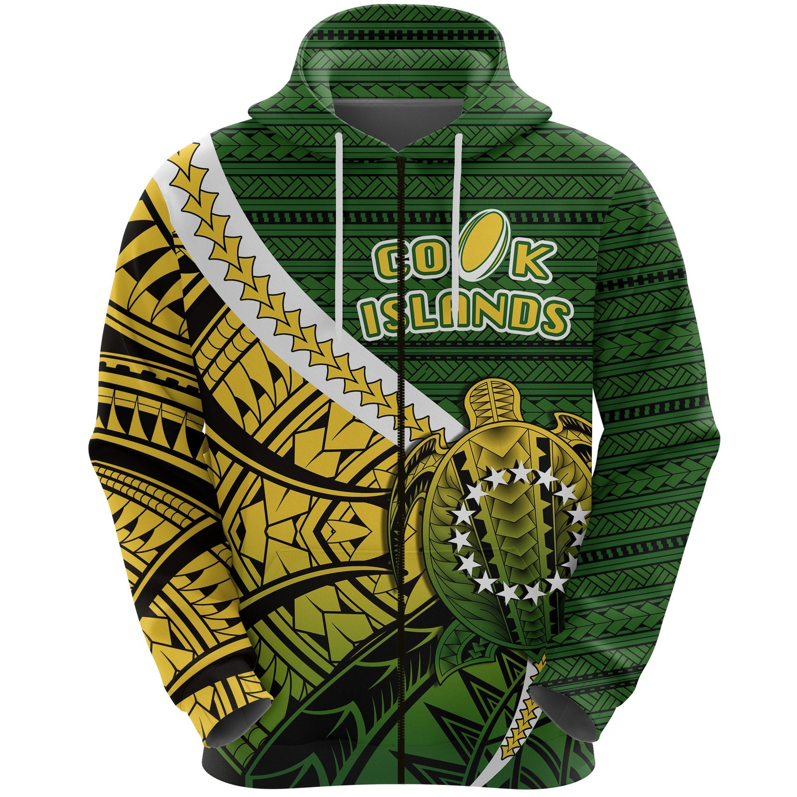Cook Islands Zip Hoodie Style Turtle Rugby Unisex Green - Polynesian Pride