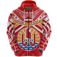 Tahiti Rugby Zip Hoodie Polynesian Coat of Arms and Flag Unisex Red - Polynesian Pride