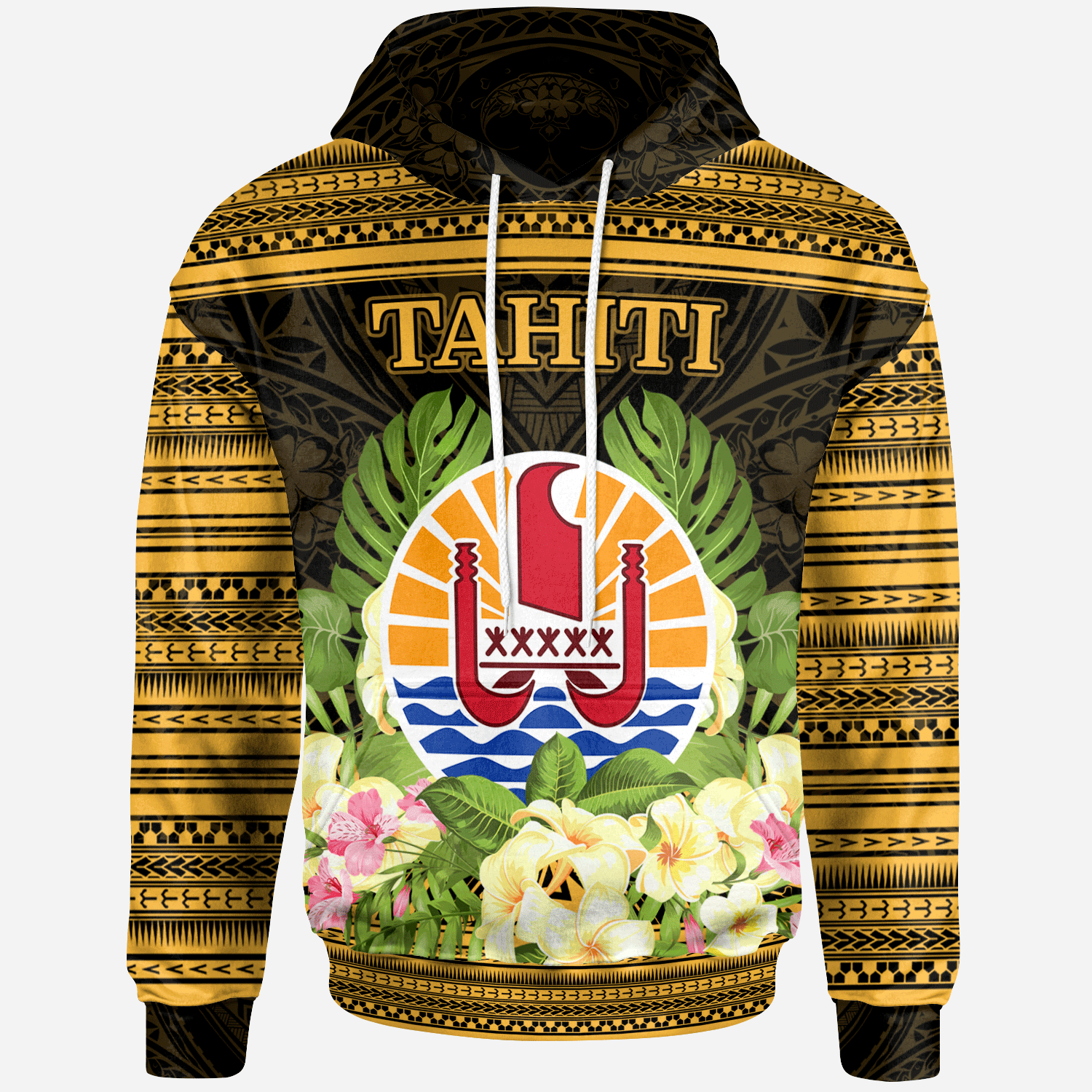 French Polynesia Tahiti Hoodie Tahiti of Seal Tropical Flowers Style Unisex Black - Polynesian Pride