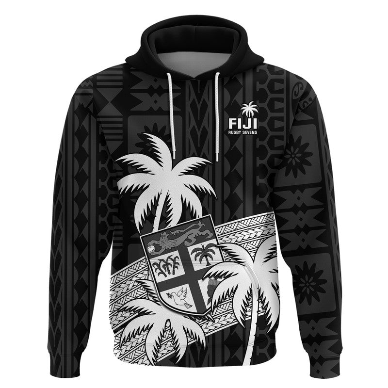 Fiji Rugby Sevens Hoodie Tapa Palm Tree and Fijian Coat of Arms LT9 Pullover Hoodie Blue - Polynesian Pride