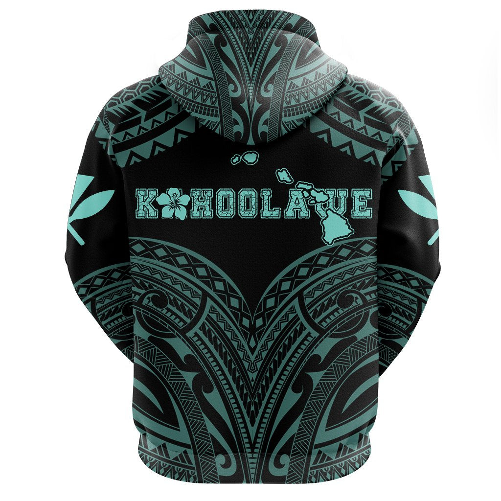 Hawaiian Kanaka Map Polynesian Kahoolawe Hoodie Zip Turquoise Brad Style - Polynesian Pride