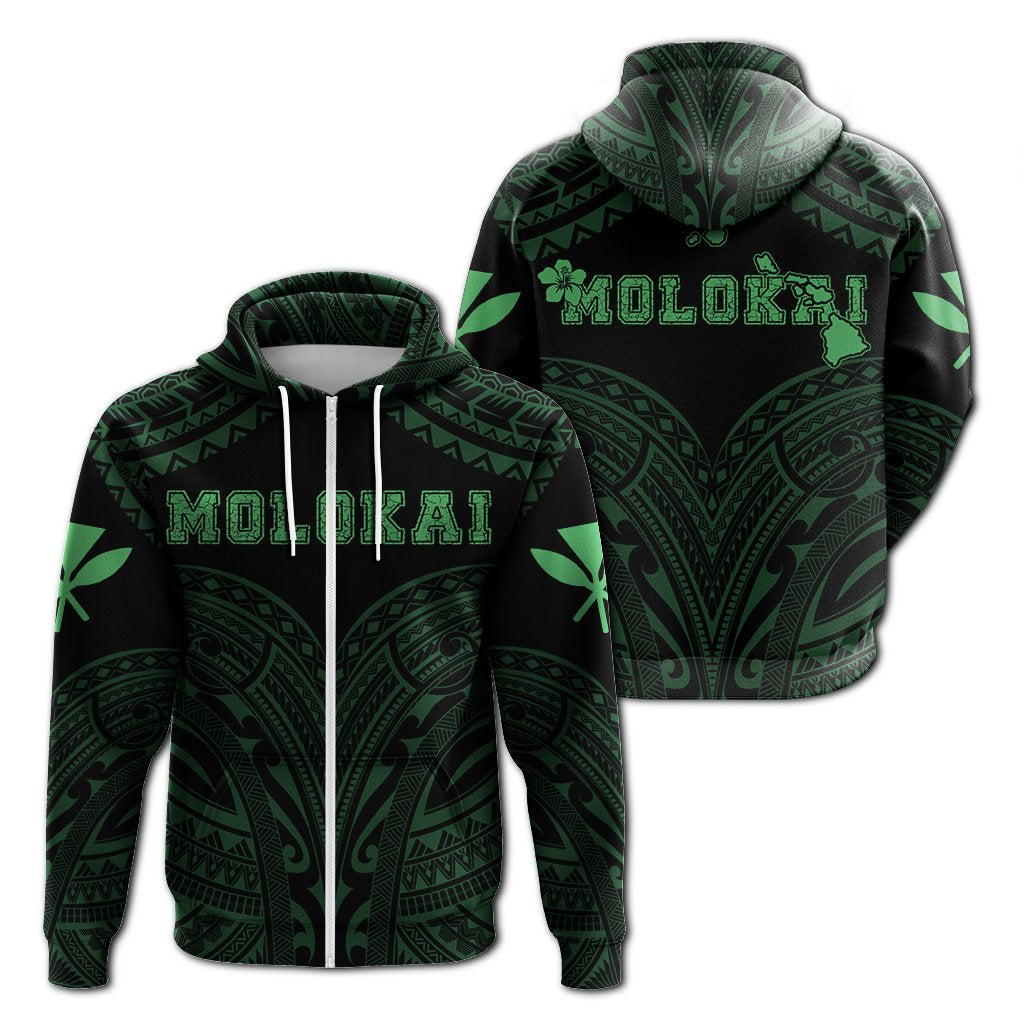 Hawaiian Kanaka Map Polynesian Molokai Hoodie Zip Green Brad Style Unisex Green - Polynesian Pride