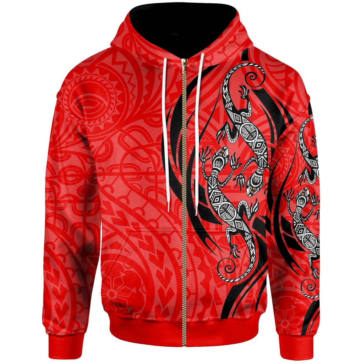 Polynesian Zip up Hoodie Polynesian Lizard Tattoo Red Color Unisex Red - Polynesian Pride