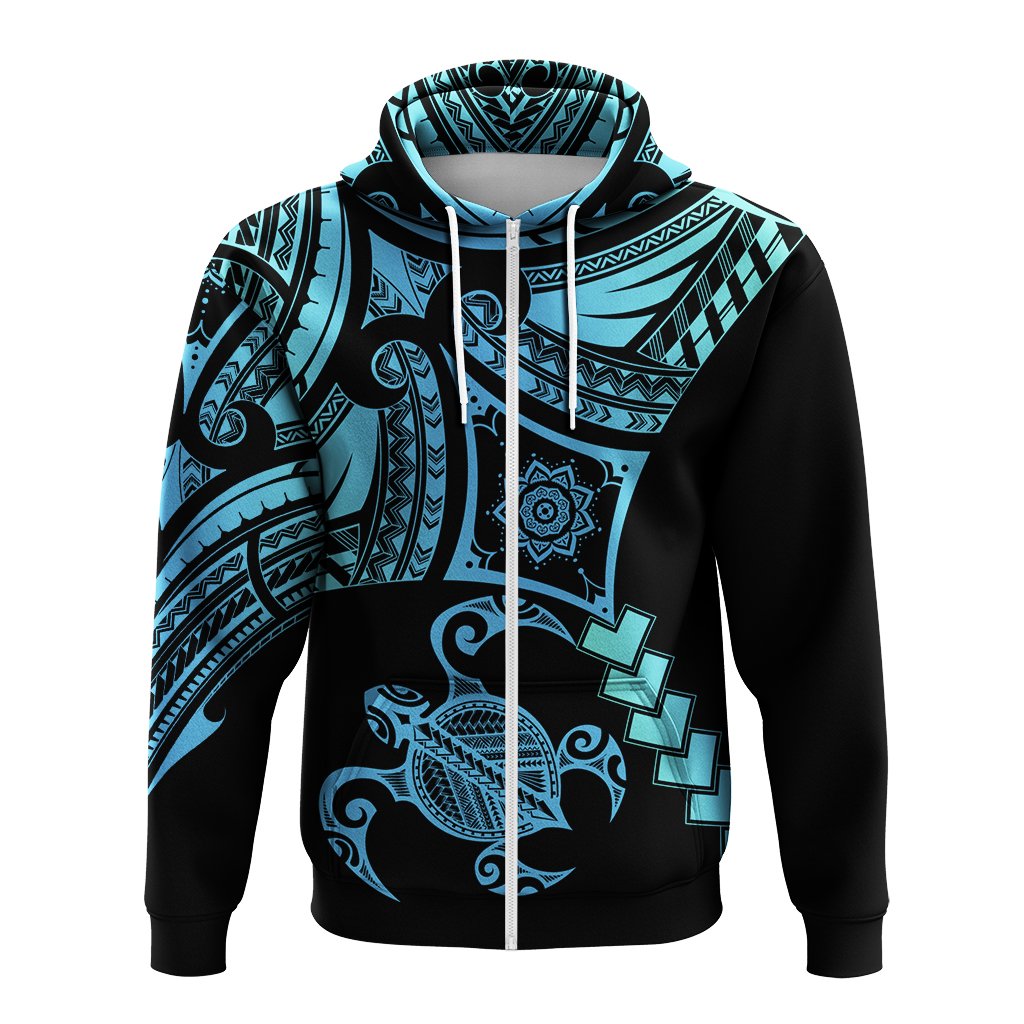Hawaiian Turtle Polynesian Hoodie Zip Turquoise Gada Style - Polynesian Pride
