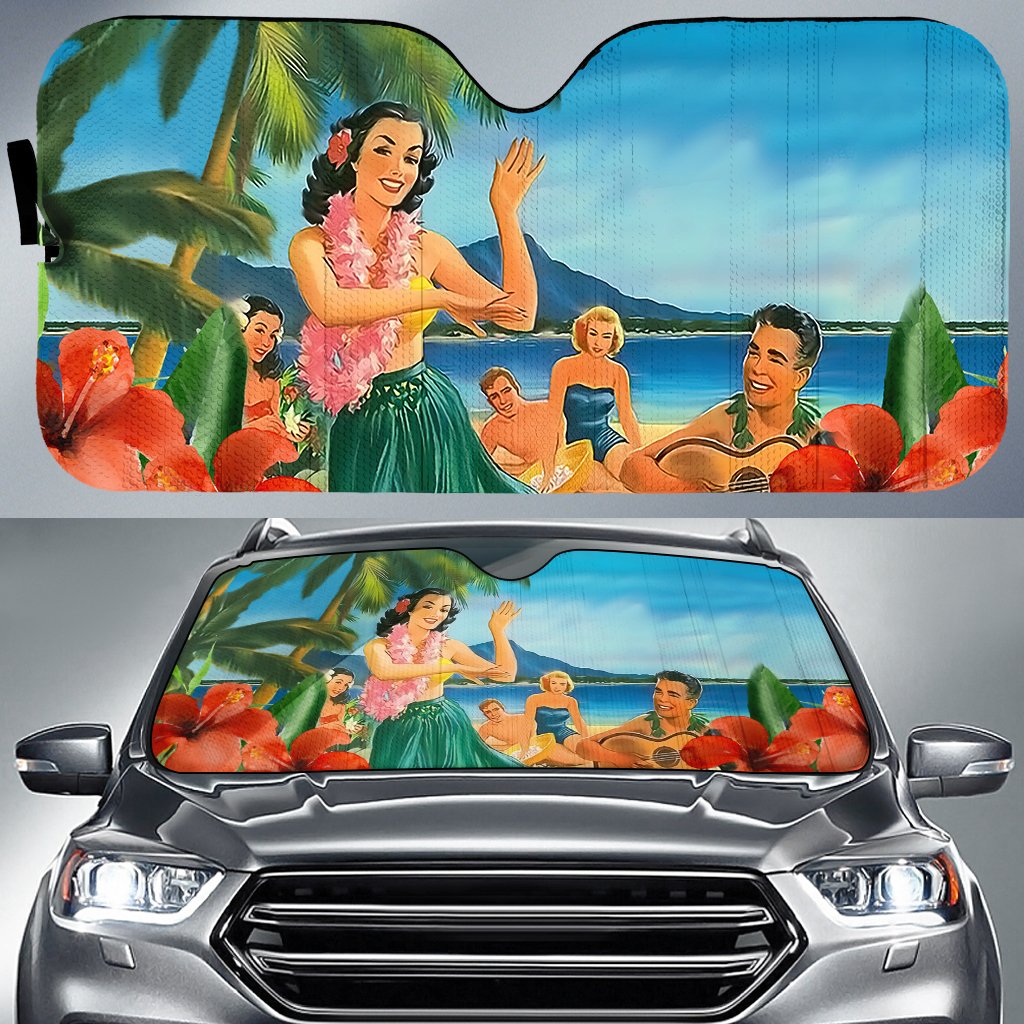 Hula Dance On Beach Car Sun Shade AH Auto Sun Shade Universal Fit White - Polynesian Pride