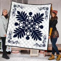 Hawaiian Quilt Maui Plant And Hibiscus Premium Quilt - Indigo White - AH - Polynesian Pride