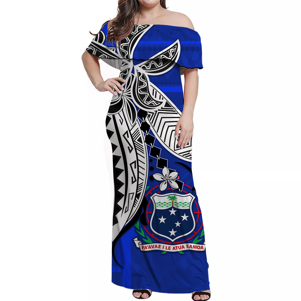 Samoa Off Shoulder Long Dress Hibiscus Flowers Style Blue LT13 Women Blue - Polynesian Pride