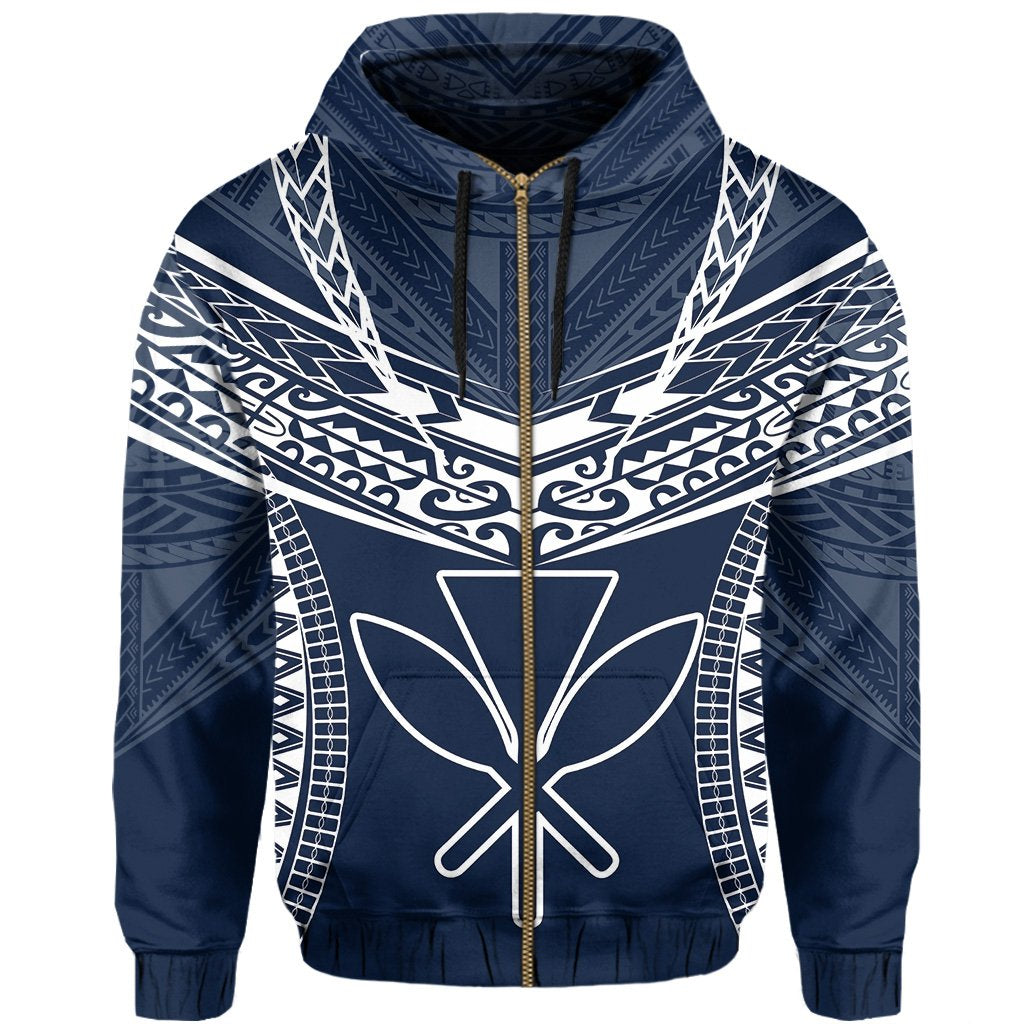 Hawaiian Kanaka Map Football Jersey Hoodie Zip Blue and White Roger Style - Polynesian Pride