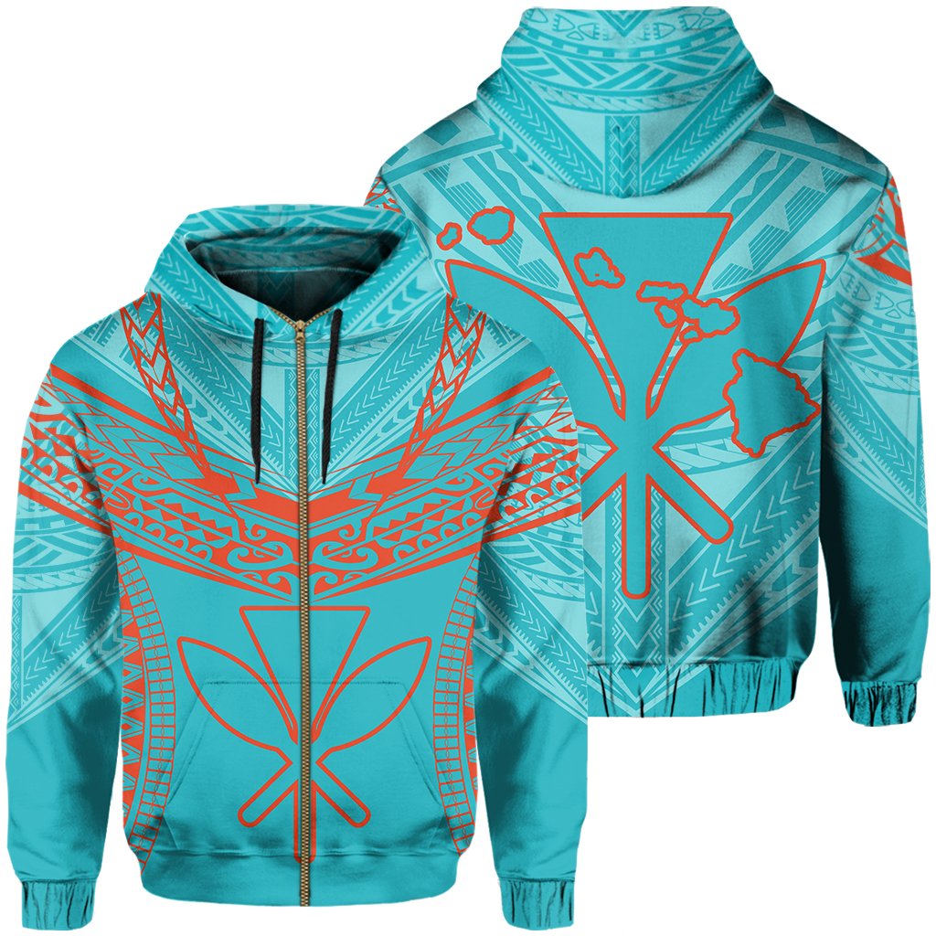 Hawaiian Kanaka Map Football Jersey Hoodie Zip Cyan Roger Style Unisex Cyan - Polynesian Pride