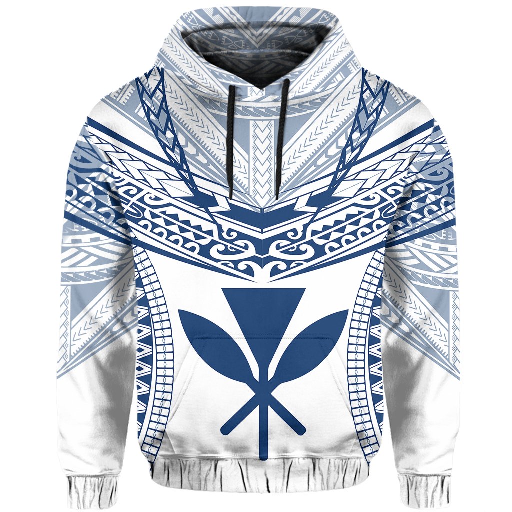 Hawaiian Kanaka Map Football Jersey Hoodie White and Blue Roger Style - Polynesian Pride