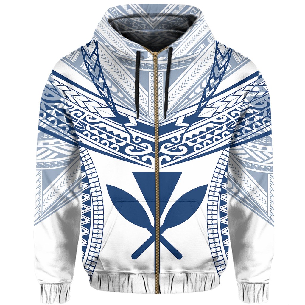 Hawaiian Kanaka Map Football Jersey Hoodie Zip White and Blue Roger Style - Polynesian Pride
