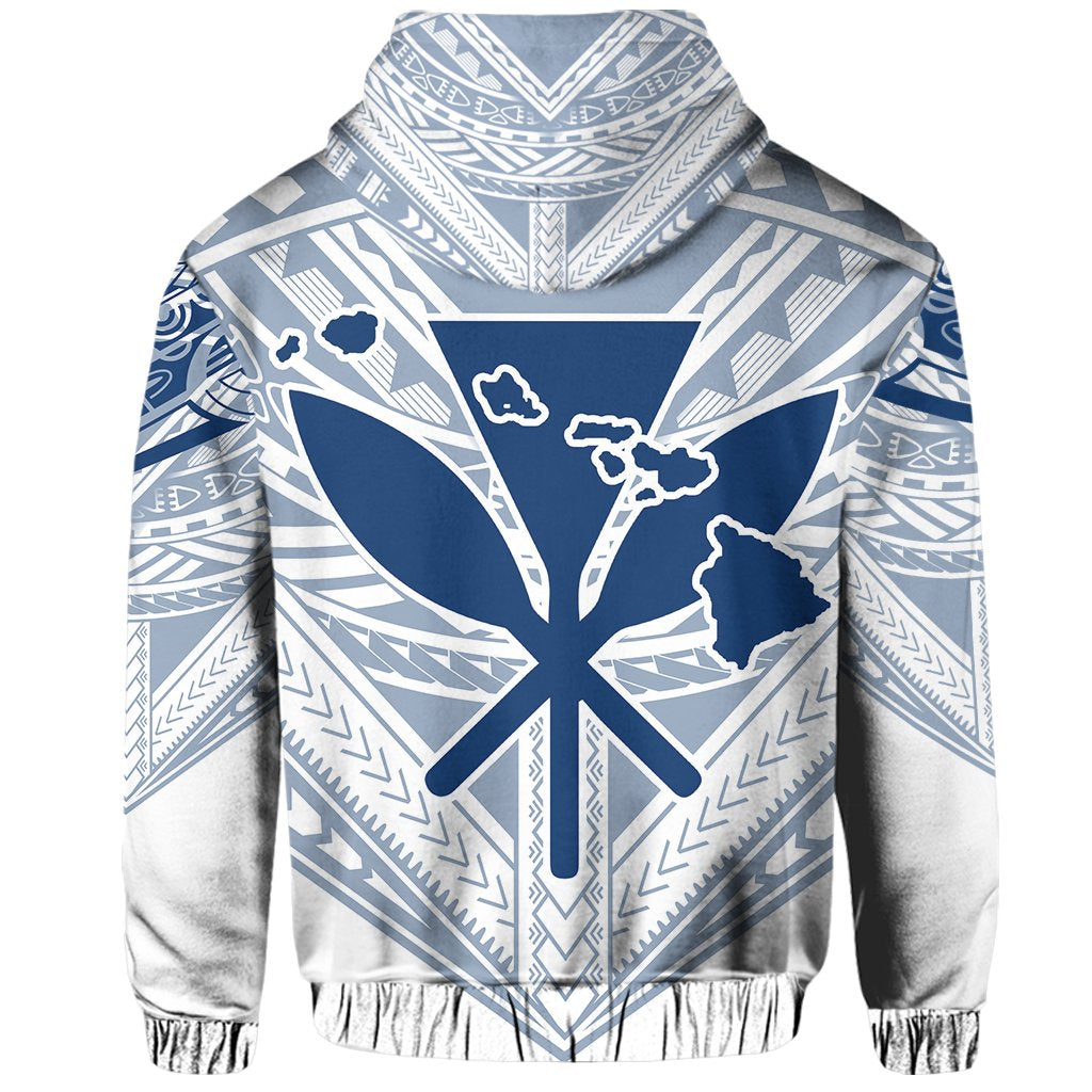 Hawaiian Kanaka Map Football Jersey Hoodie Zip White and Blue Roger Style - Polynesian Pride