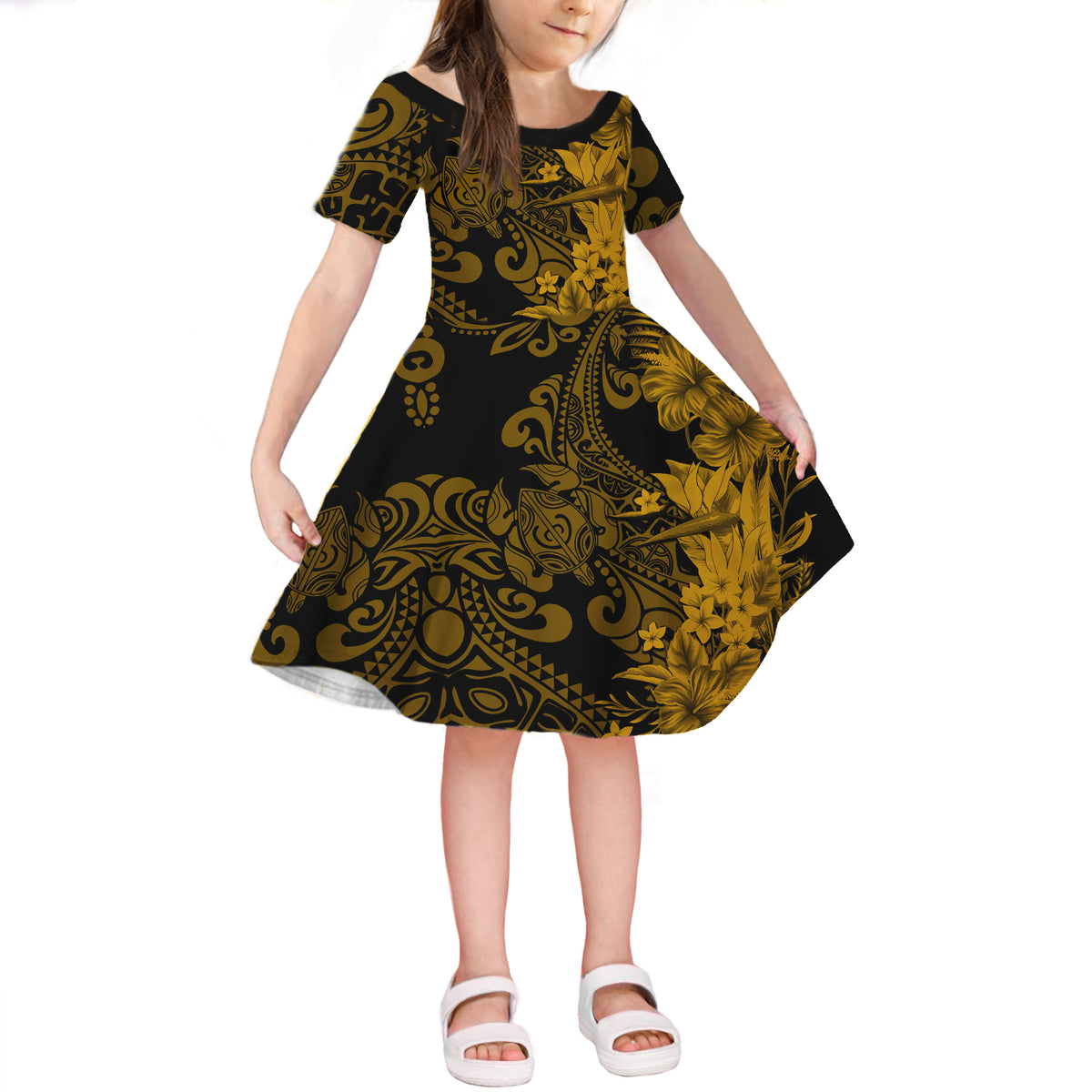 Hawaii Flowers Mix Tribal Pattern Short Sleeves Dress KID LT6 KID Gold - Polynesian Pride