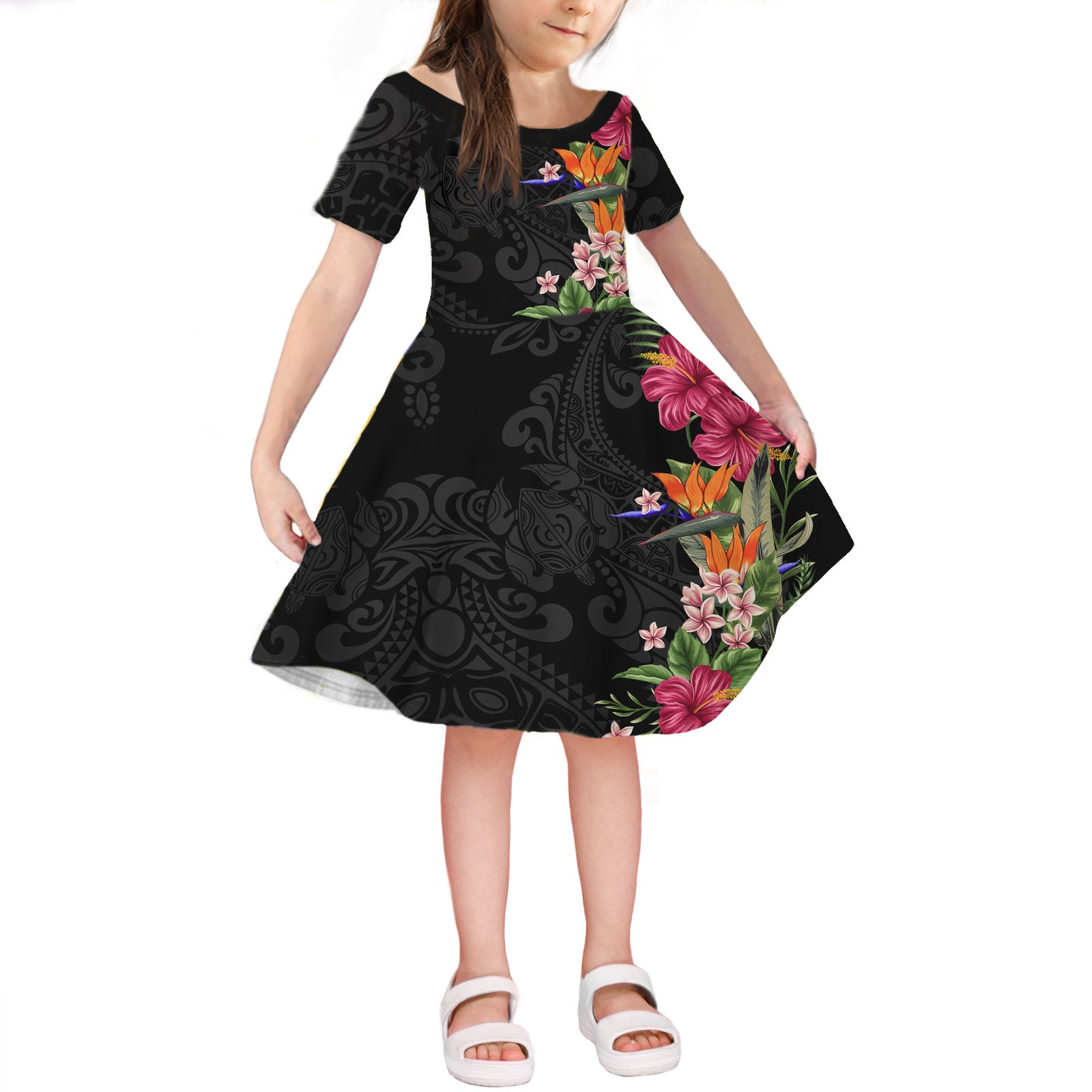 Hawaii Flowers Mix Tribal Pattern Short Sleeves Dress KID LT6 KID Art - Polynesian Pride