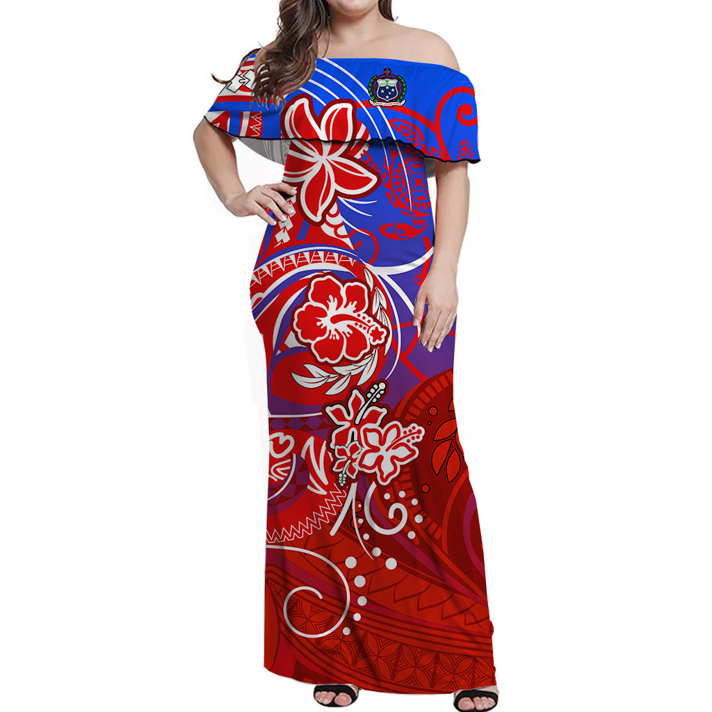 Samoa Off Shoulder Long Dress Hibiscus Flowers Style Red LT13