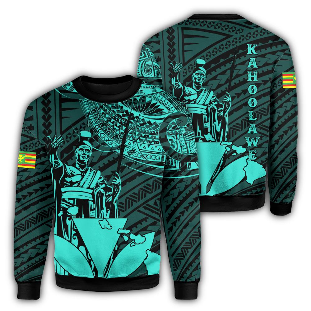 Hawaiian King Kanaka Map Polynesian Kahoolawe Sweatshirt - Turquoise - Hala Style - AH Unisex Turquoise - Polynesian Pride