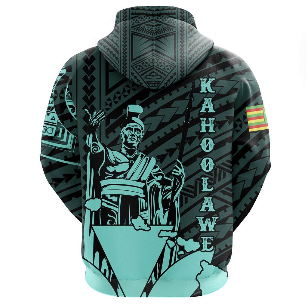 Hawaiian King Kanaka Map Polynesian Kahoolawe Hoodie Zip Turquoise Hala Style - Polynesian Pride