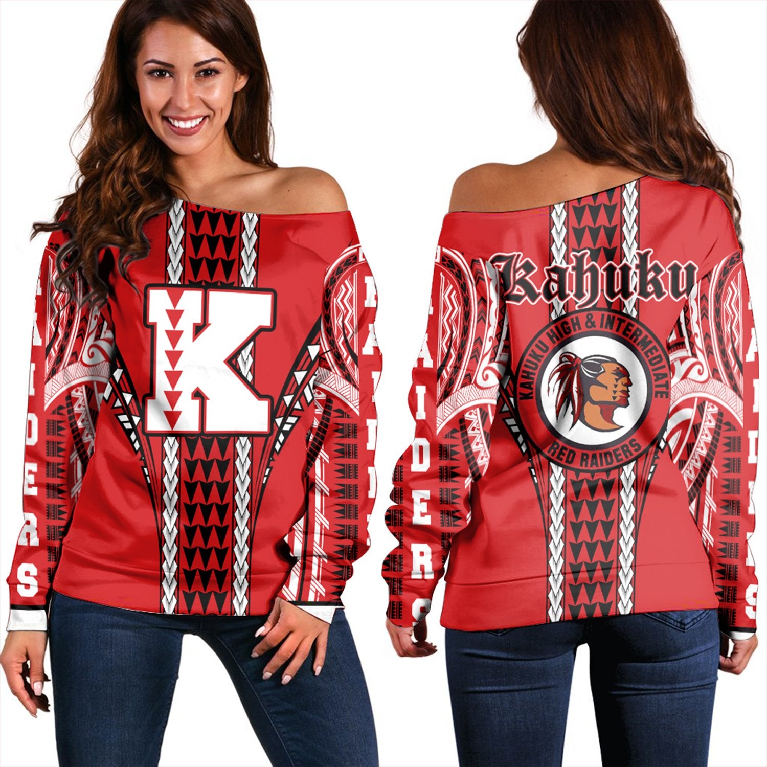 Hawaii - Kahuku High Women's Off Shoulder Sweatshirt AH Red - Polynesian Pride