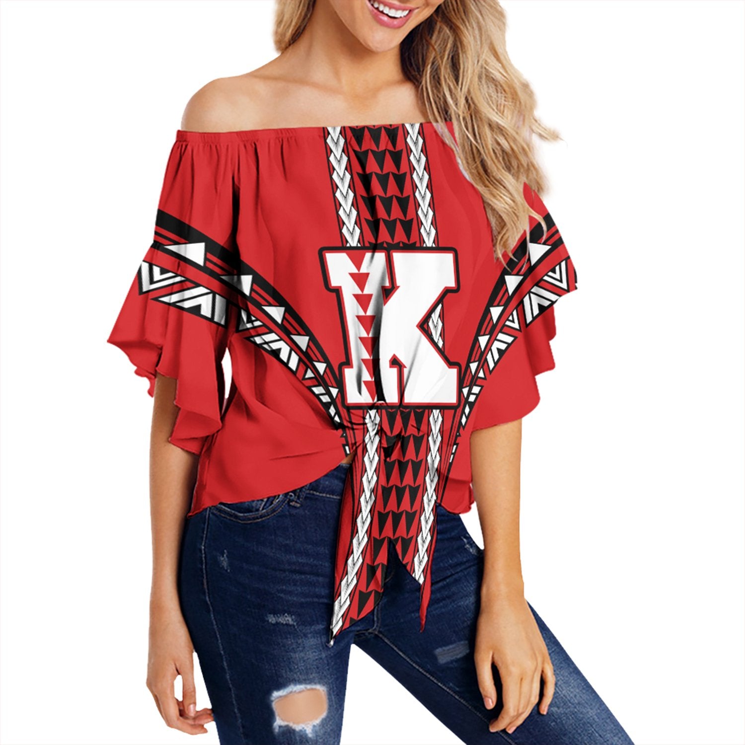 Hawaii - Kahuku High Off Shoulder Waist Wrap Top AH Female Red - Polynesian Pride