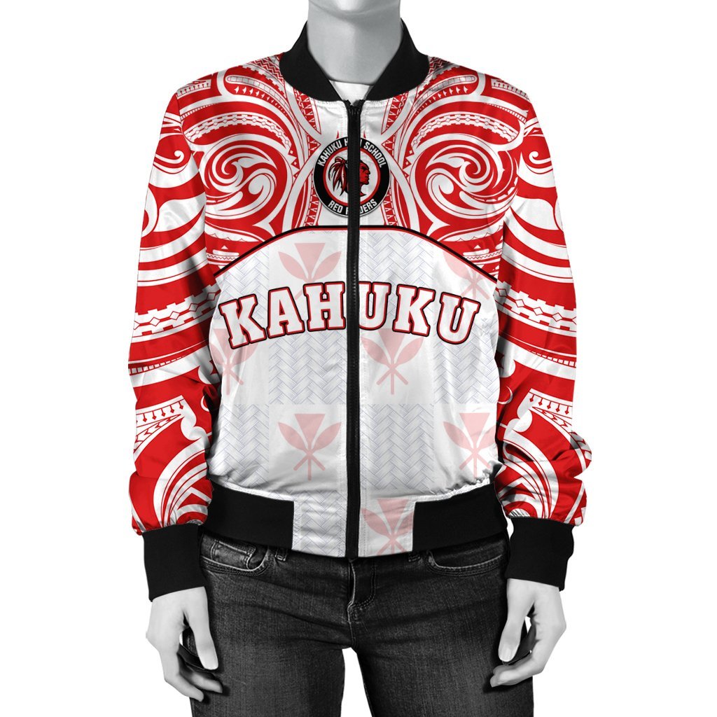 Hawaii Bomber Jacket - Kanaka Kahuku High School Women's Bomber Jacket Demodern Style AH White - Polynesian Pride