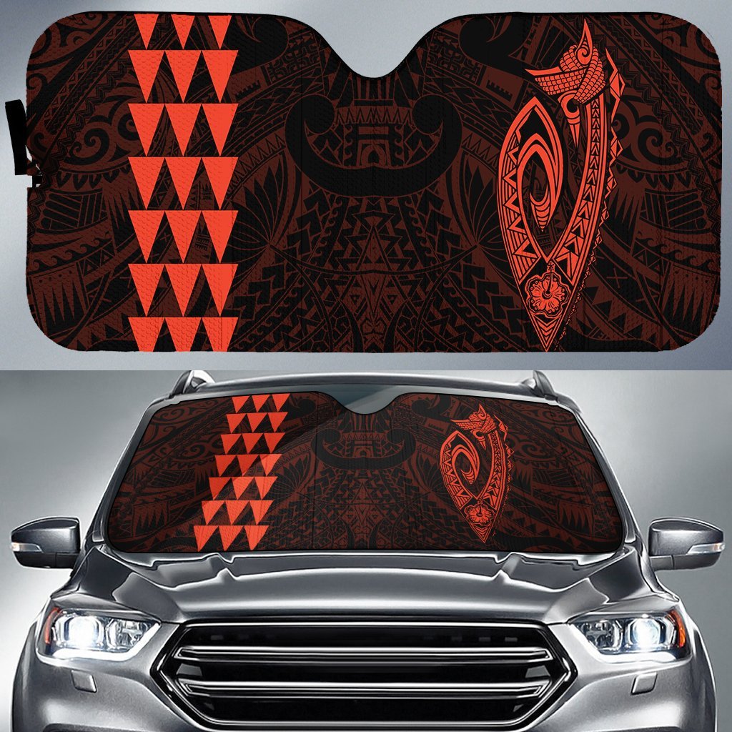 Kakau Polynesia Fish Hook Hawaii Car Sun Shade Auto Sun Shade Universal Fit Orange - Polynesian Pride