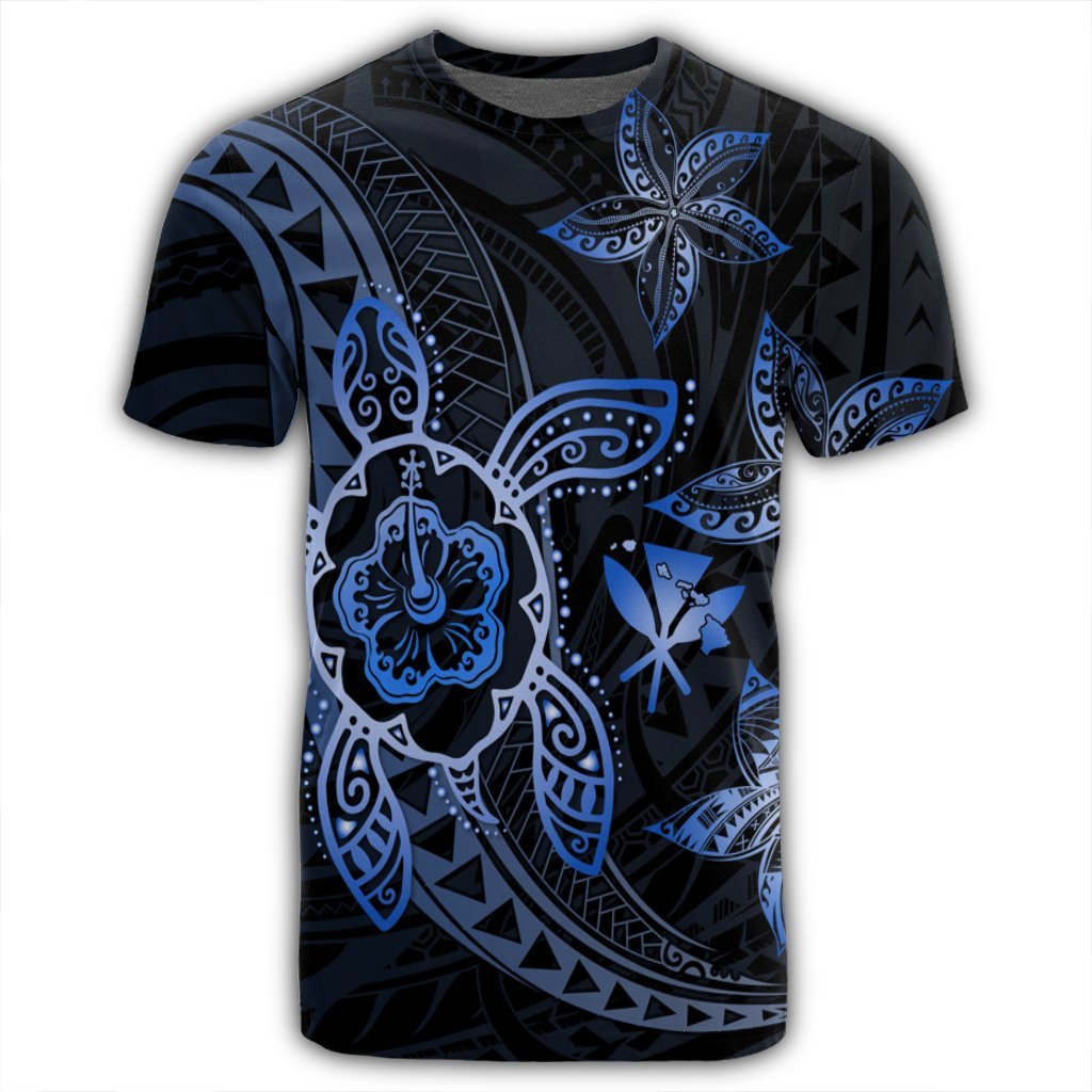 Kanaka Map Hibiscus Plumeria Turtle Art Blue Polynesian T Shirt AH - Polynesian Pride
