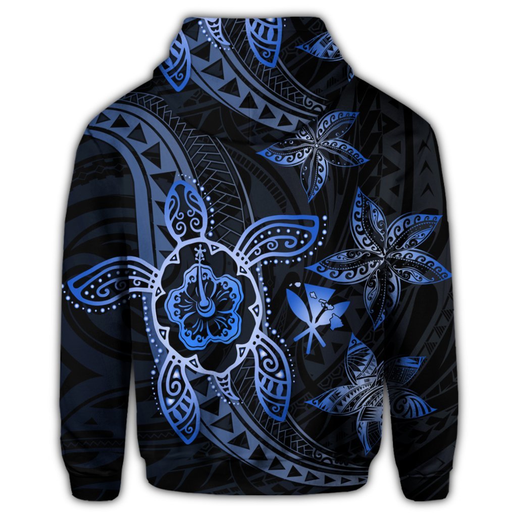 Kanaka Map Hibiscus Plumeria Turtle Art Blue Polynesian Hoodie - Polynesian Pride