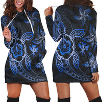 Kanaka Map Hibiscus Plumeria Turtle Art Blue Polynesian Hoodie Dress - AH Black - Polynesian Pride