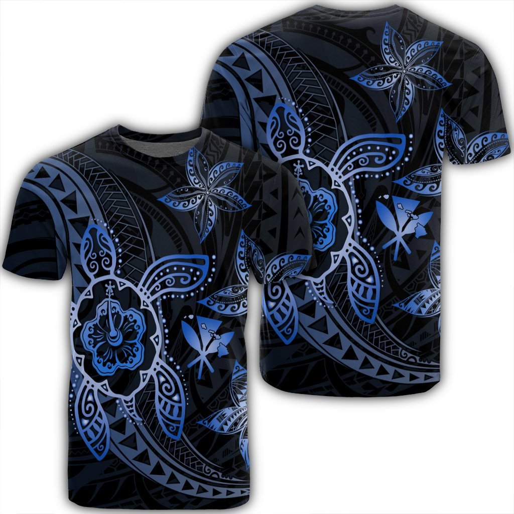 Kanaka Map Hibiscus Plumeria Turtle Art Blue Polynesian T Shirt AH Unisex Black - Polynesian Pride