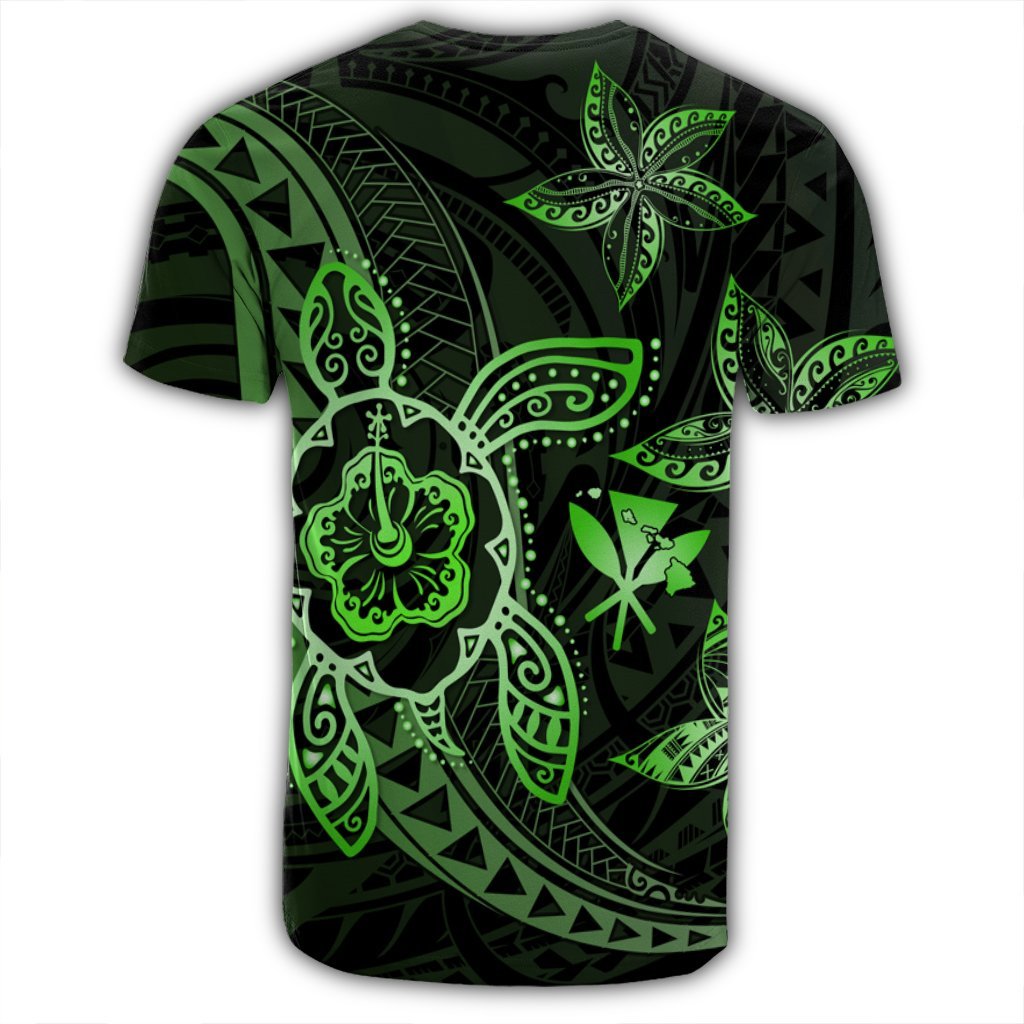 Kanaka Map Hibiscus Plumeria Turtle Art Green Polynesian T Shirt AH - Polynesian Pride