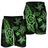 Kanaka Map Hibiscus Plumeria Turtle Art Green Polynesian Men's Shorts - AH - Polynesian Pride