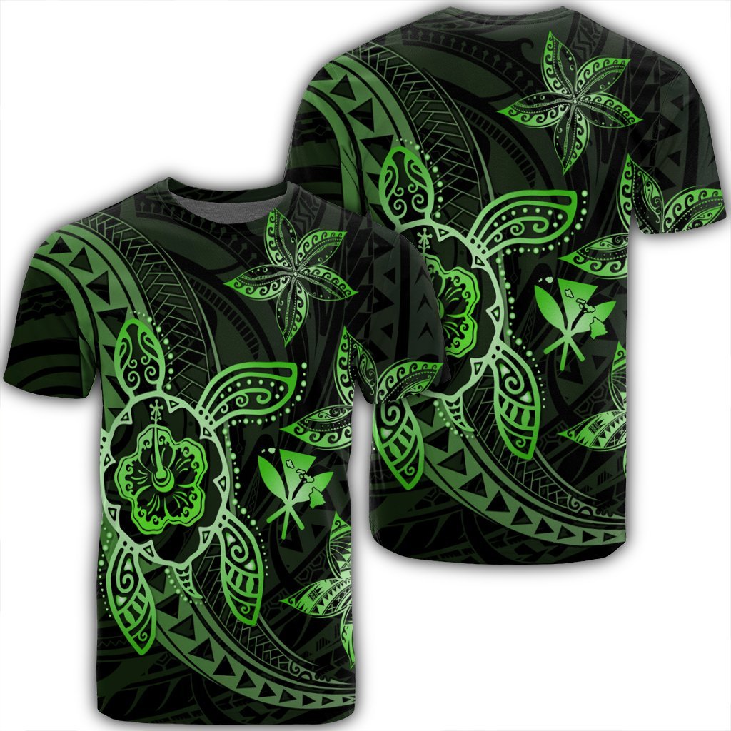 Kanaka Map Hibiscus Plumeria Turtle Art Green Polynesian T Shirt AH Unisex Black - Polynesian Pride
