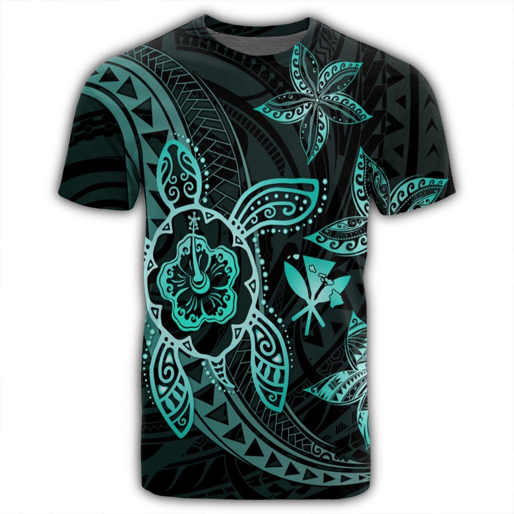 Kanaka Map Hibiscus Plumeria Turtle Art Turquoise Polynesian T Shirt AH - Polynesian Pride