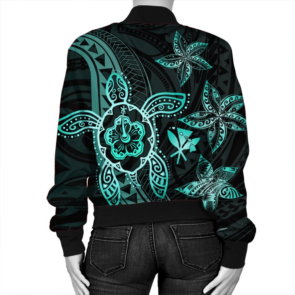 Kanaka Map Hibiscus Plumeria Turtle Art Turquoise Polynesian Bomber Jacket - AH - Polynesian Pride