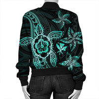 Kanaka Map Hibiscus Plumeria Turtle Art Turquoise Polynesian Bomber Jacket - AH - Polynesian Pride