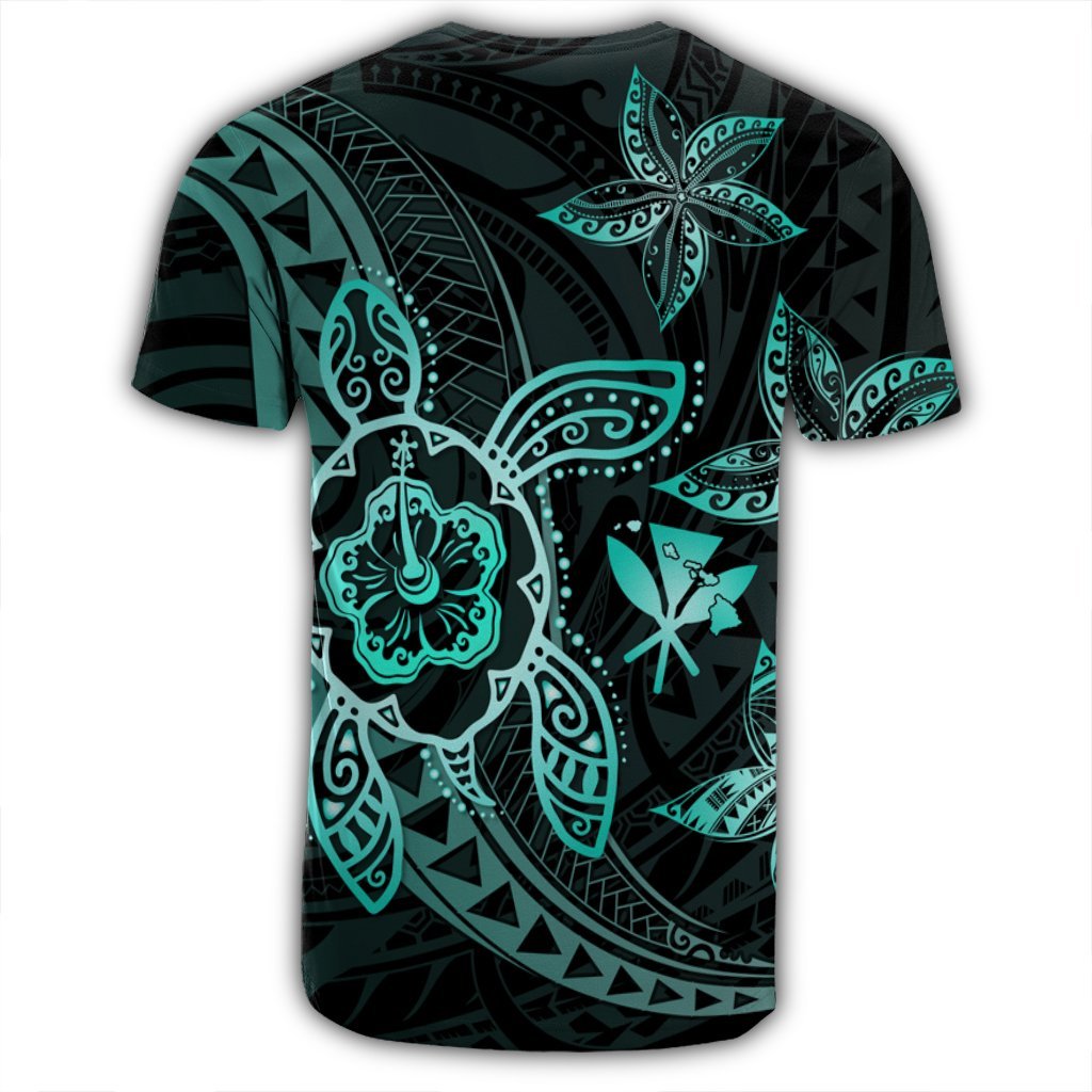 Kanaka Map Hibiscus Plumeria Turtle Art Turquoise Polynesian T Shirt AH - Polynesian Pride