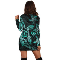 Kanaka Map Hibiscus Plumeria Turtle Art Turquoise Polynesian Hoodie Dress - AH - Polynesian Pride