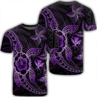 Kanaka Map Hibiscus Plumeria Turtle Art Violet Polynesian T Shirt AH Unisex Black - Polynesian Pride