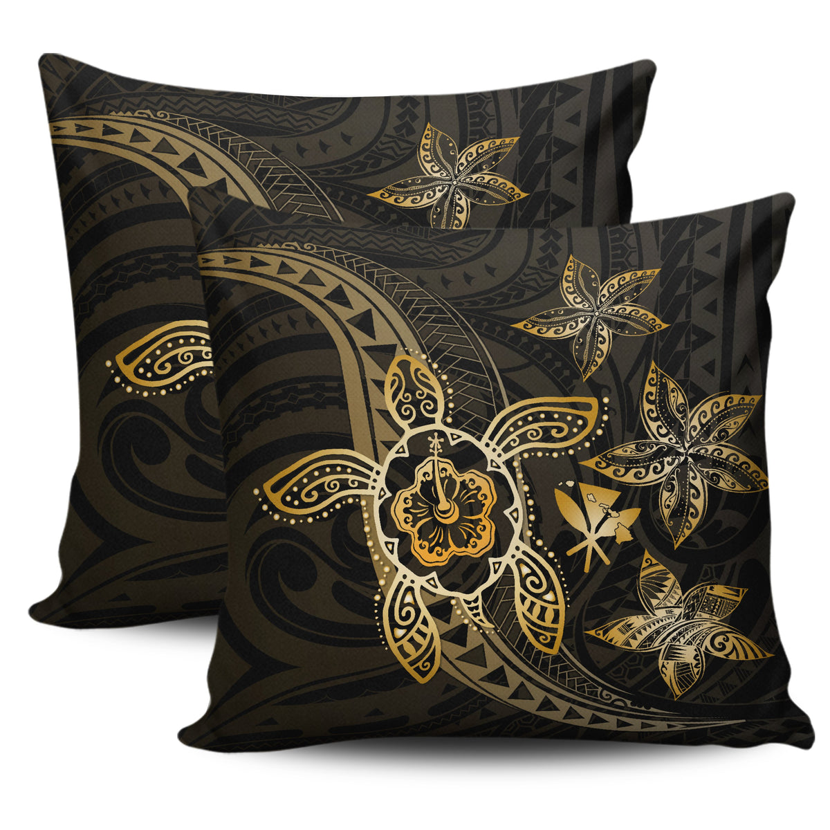 Kanaka Map Hibiscus Plumeria Turtle Art Gold Polynesian Pillow Covers One Size Zippered Pillow Cases 18"x 18" (Twin Sides) (Set of 2) Gold - Polynesian Pride